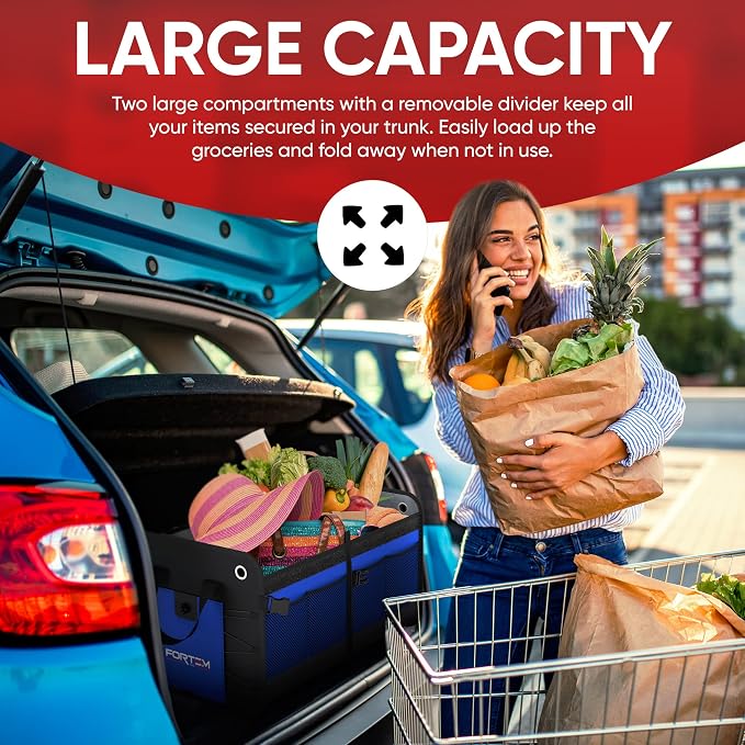 FORTEM Car Trunk Organizer (2 Compartment, Blue) + Large Windshield Sun Shade