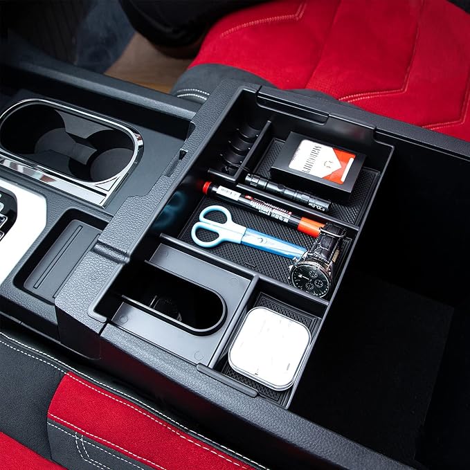 JDMCAR Center Console Oragnizer (Half Tray) and Liner Accessories (Bucket Seat, Red Trim) Compatible with Toyota Tundra 2014-2021