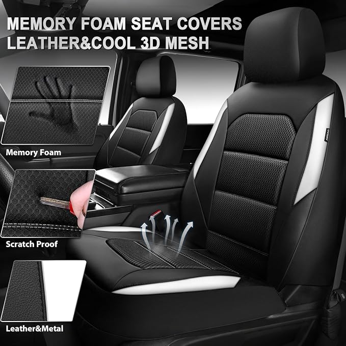 CAR PASS Memory 3D Foam Car Seat Covers Full Set, Breathable Mesh Thick Seat Covers for Cars,White Leather Seat Covers,Airbag Compatible Universal Automotive Comfort for SUVs Trucks SUV, Black White