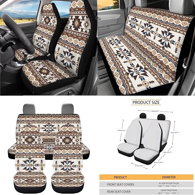 Dreaweet Aztec Car Seat Covers Full Set Native American Tribal Geometric Pattern Seat Covers with Steering Wheel Covers Seat Belt Pads Coaster Trash Can Air Vent Holder Rear View Mirror Cover Keychain