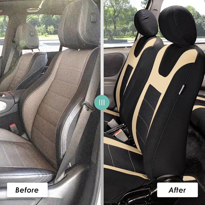 FH Group Car Seat Covers Universal Fit Full Set Interior Accessories, Sports Beige Seat Covers with Airbag and Split Rear Automotive Combo Vinyl Floor Mats Seat Covers for Cars Vans Trucks and SUV