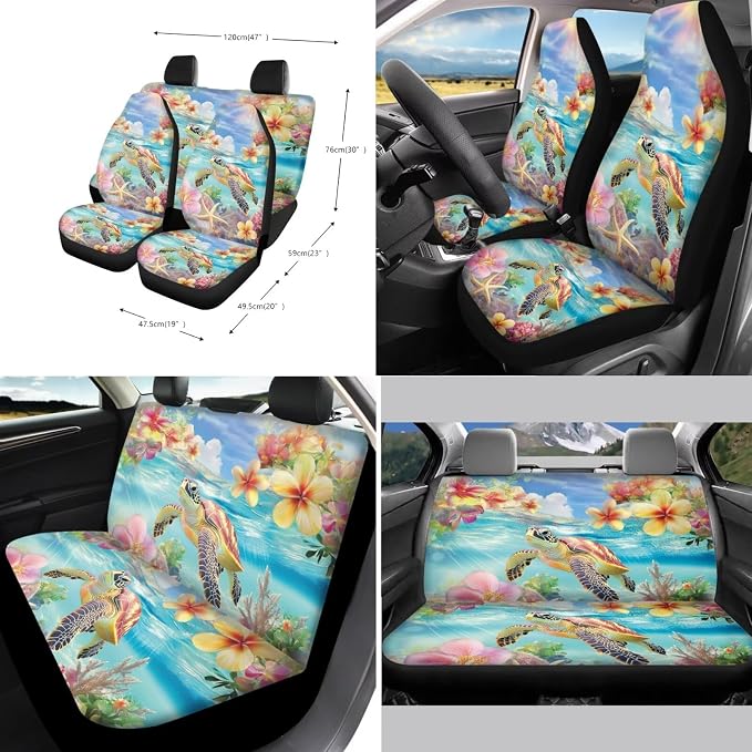 Suobstales Turtle Starfish Plumeria Flower Print Car Seat Cover Set SUV Interior Accessories Front/Back Bench Bucket Seat Cover, Steering Wheel Cover, Seat Belt Cover, Cup Holder Coasters, Keychain