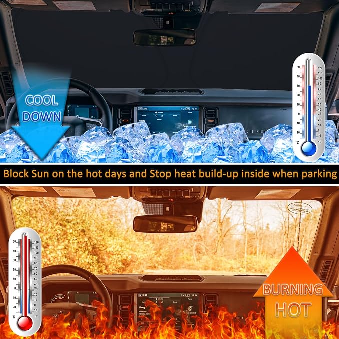 TOPINSTALL Gear Shifter Organizer and Windshield Sunshade Compatible with 2021-2024 Bronco 2/4 Door, Center Console Gear Side Storage Box Tray and Front Window Sun Protector (Not for Sport Model)