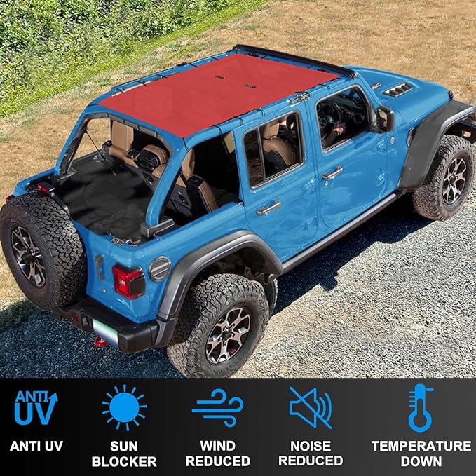 JL Top Sun Shade Roof Compatible with Jeep Wrangler 2 or 4 Door 2018 to 2023 Sunshade Sunroof Cover Blocks UV Wind Noise Cherry Red Mesh for Full Length