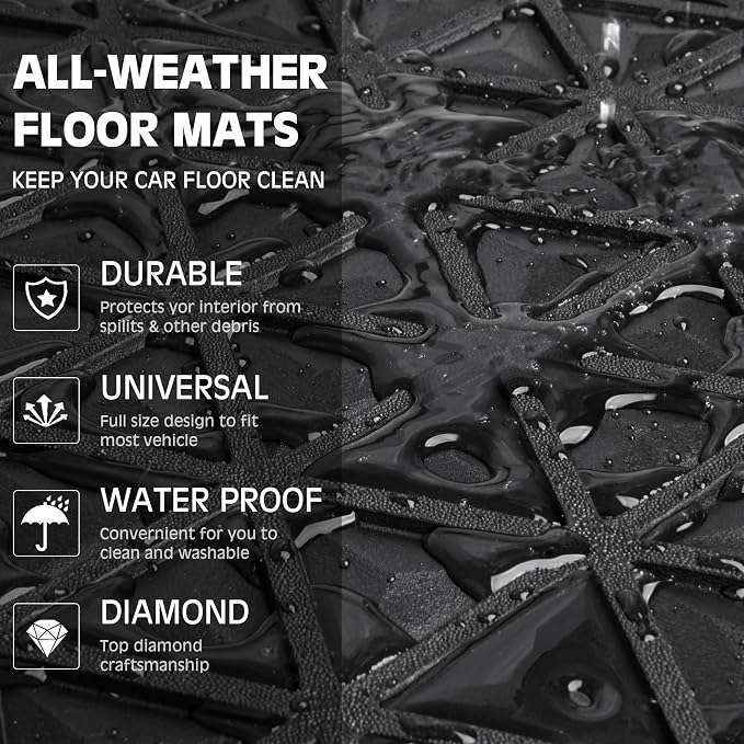 CAR PASS Bling Diamond Car Mats Rubber Floor Mats Full Set Anti-Slip 3D Rhombus Waterproof Trim to Fit Liner Universal Glitter Crystal Sparkly Shining Rhinestone Girl Women SUV Sedan Van, Black Blue