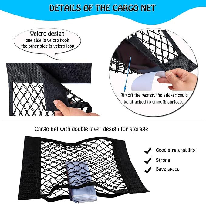 Mesh Cargo Net Car Wall Sticker Organizer Elastic Net With Tape Stickers for Trunk Storage Mesh Holder for Kitchen Cabinet, Home (Extra Tape Stickers)