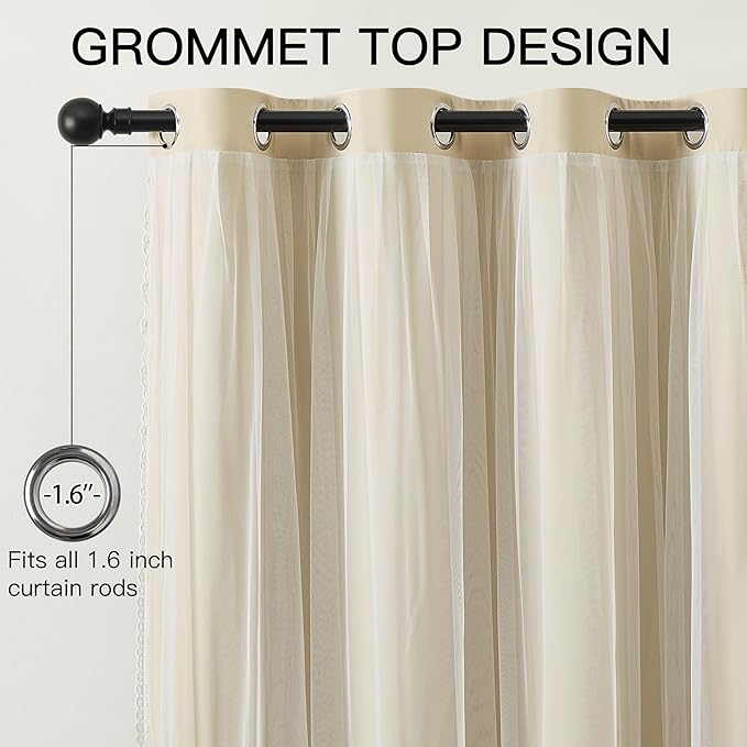 XiDi Beige Blackout Curtains with Sheer Overlay for Living Room Bedroom 63 Inches Long 2 Panels Mix & Match Double Layer Thermal Insulated Beige Window Drapes with Tiebacks Grommet Top W34 x L63