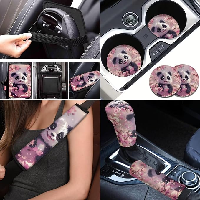 BIGCARJOB 12 Pack Cute Panda Print Car Seat Cover Set for Front and Rear Pink Auto Interior Accessories Full Set Lovely Panda Print Seat Belt Cover,Armrest Pads,Cup Holder Coaster