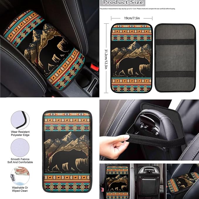 8 Pcs Brown Aztec Bear Car Seat Covers Full Set Car Accessories for Women Front Seat Cover Steering Wheel Armrest Cover Seat Belt Cover for Auto SUV Interior Decoration
