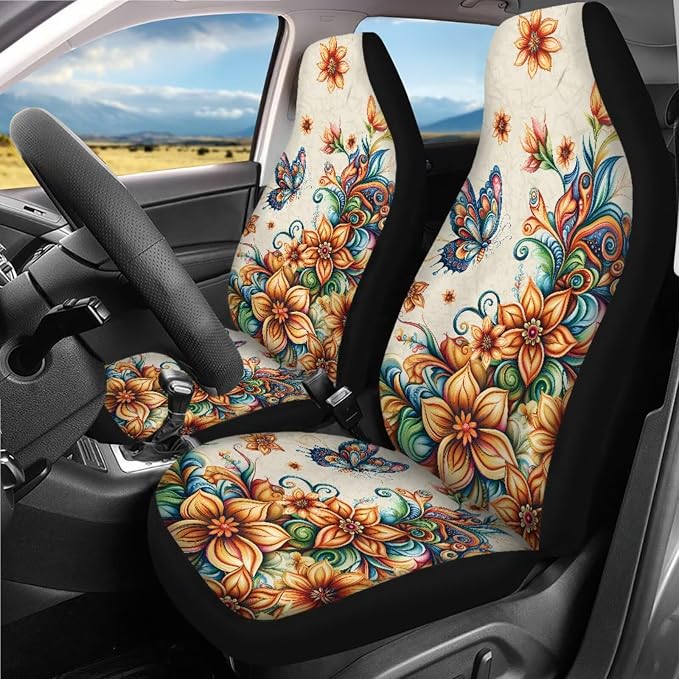 Butterfly Boho Flower Car Seat Covers Full Set Butterfly Flower Car Accessories Set for Women Boho Car Seat Belt Pads Cover Steering Wheel Cover Car Trash Can Car Headrest Covers Universal