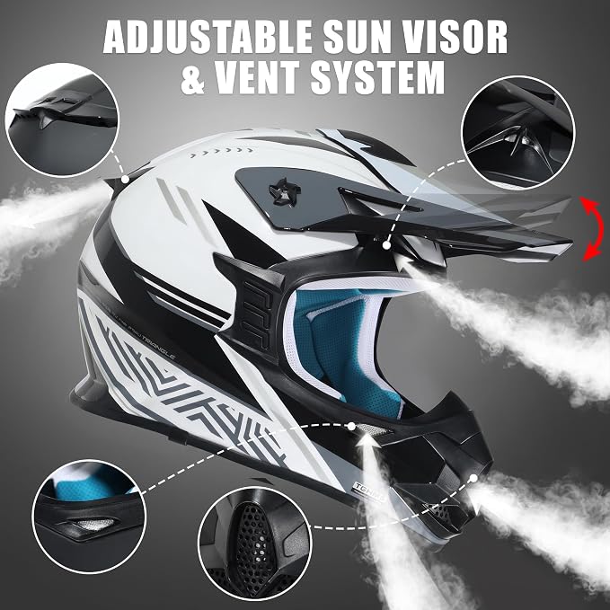 TRIANGLE Adult Dirt Bike Helmet Full Face Motorcycle Helmets with Adjustable Goggles & Gloves - DOT/FMVSS-218 Certified Motocross Helmet for Off-Road ATV BMX UTV