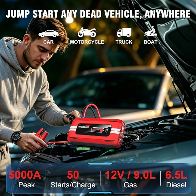 Jump Starter 5000A Peak, Jump Box 12V Battery Jumper Starter Portable, Jump Pack with 59.2Wh Large Capacity, Car Battery Charger Jump Starter with Dual USB Ports, 5000A Peak Jump Starter