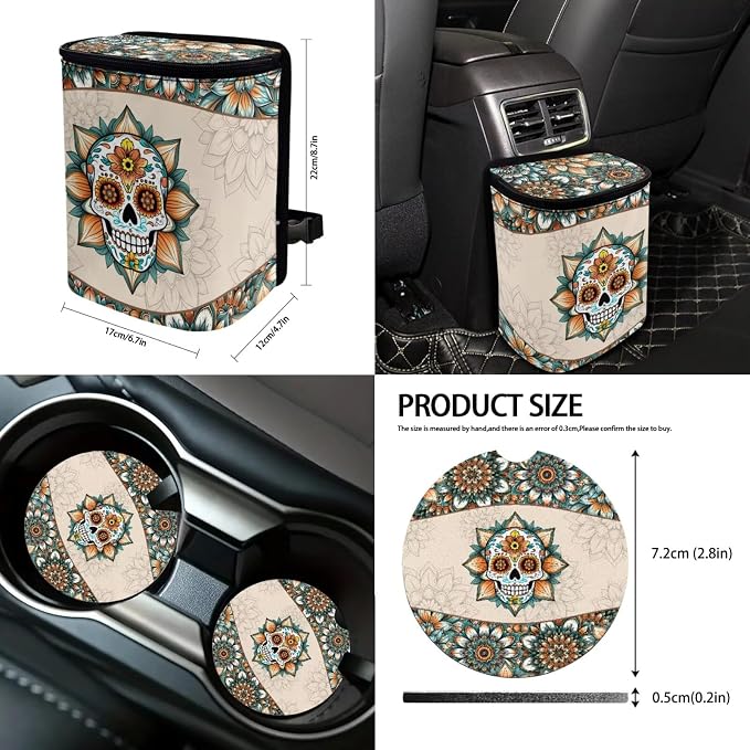 Suobstales Boho Mandala Sugar Skull Print Car Seat Covers Set of 13 with Universal Steering Wheel Cover, Rearview Mirror Cover, Car Trash Can, Seatbelt Pads, Cup Holder Coasters, Keychains