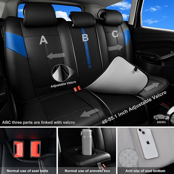 CAR PASS Nappa Leather Seat Covers, Breathable Waterproof Car Seat Covers Full Set, Luxury Leather Front and Back Seats Full Coverage, Universal Fit SUV Pick-up Truck Sedan Automotive(Black Blue)
