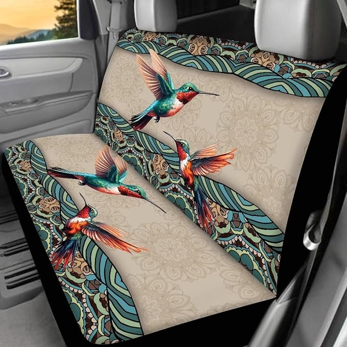 BIGCARJOB Hummingbird Car Seat Cover Full Set of 12 Pieces Boho Lotus Print Auto Interior Seat Accessories Set with Seat Belt Pads Cover,Steering Wheel Cover,Cup Holder for Women Hippie Lotus Gifts