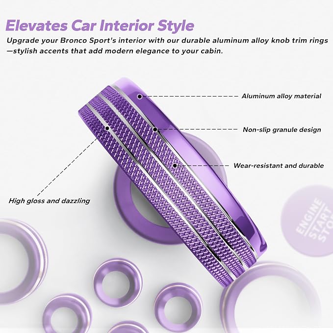 for 2025-2026 Ford Bronco Sport Accessories (Not for Bronco) 9PCS Aluminum Alloy Knob Cover Trim Set for Push Start, Volume, Air Vent Tabs, Headlight & Gear Shift Knob (Purple)
