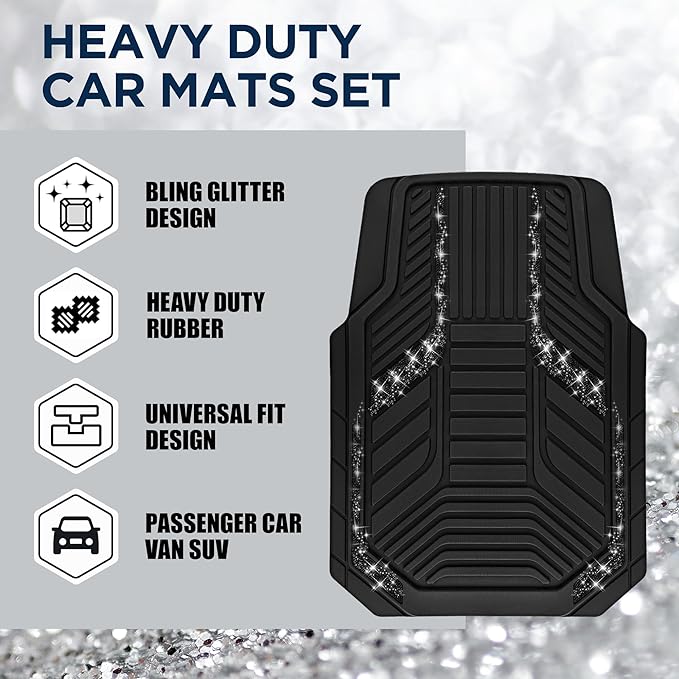 PIC AUTO Car Floor Mats, Black Sparkly Crystal Bling Glitter Car Mats Set, Front and Rear Heavy Duty Rubber Car Mats with Anti-Slip Backing, All Weather, Trim-to-Fit for Automotive SUVs, Sedan, Vans