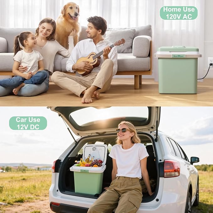 Iceblue Electric Cooler, 26 Liters/28 Cans Mini Fridge with Automatic Locking Handle, 120V AC Home Power Cord & 12V Car Adapter Car Refrigerator, Car Fridge for Home, Car, Gift (Green)
