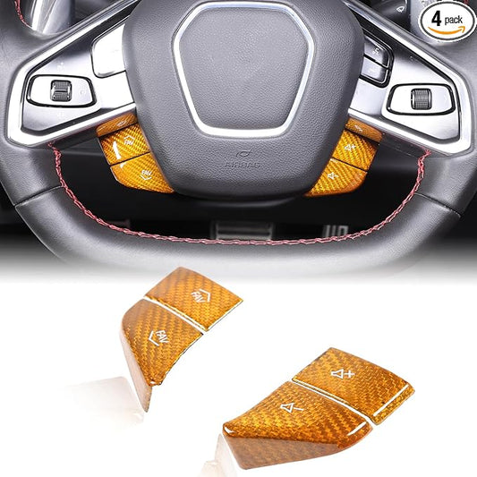 Dry Carbon Fiber Central Control Steering Volume Button Cover Compatible with Corvette C8 2020-2025 Accessories 4Pcs Center Consoles Steering Button Panel Sticker Decorative Interior Trim (Yellow)