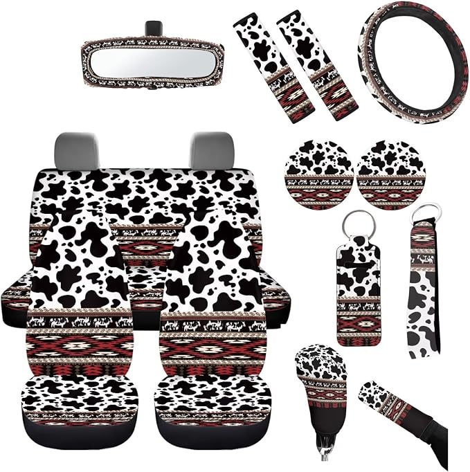 14 Piece Aztec Cow Car Seat Covers Full Set Cow Car Accessory Neoprene Steering Wheel Cover Seatbelt Pads Keychain Vehicle Mirror Accessory Handbreak Gear Shift Cushion for Women Men