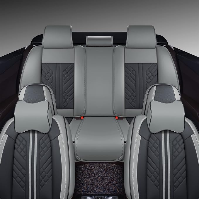 GXT Deluxe Faux Leather Full Coverage Car Seat Cover Anti-Slip Universal Fits for Sedans SUV Pick-up Truck with Headrests,Interior Accessories(Grey and Black)