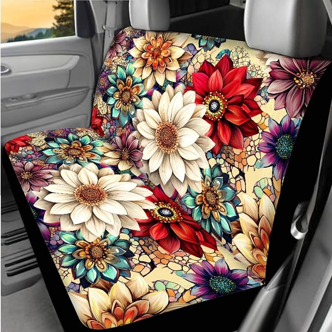 BIGCARJOB Bright Blossom Lotus Car Seat Covers Set for Front and Rear 12 Pcs Boho Lotus Print Car Interior Accessories Full Set with Console Cover,Steering Wheel Covers,Seat Belt Pads