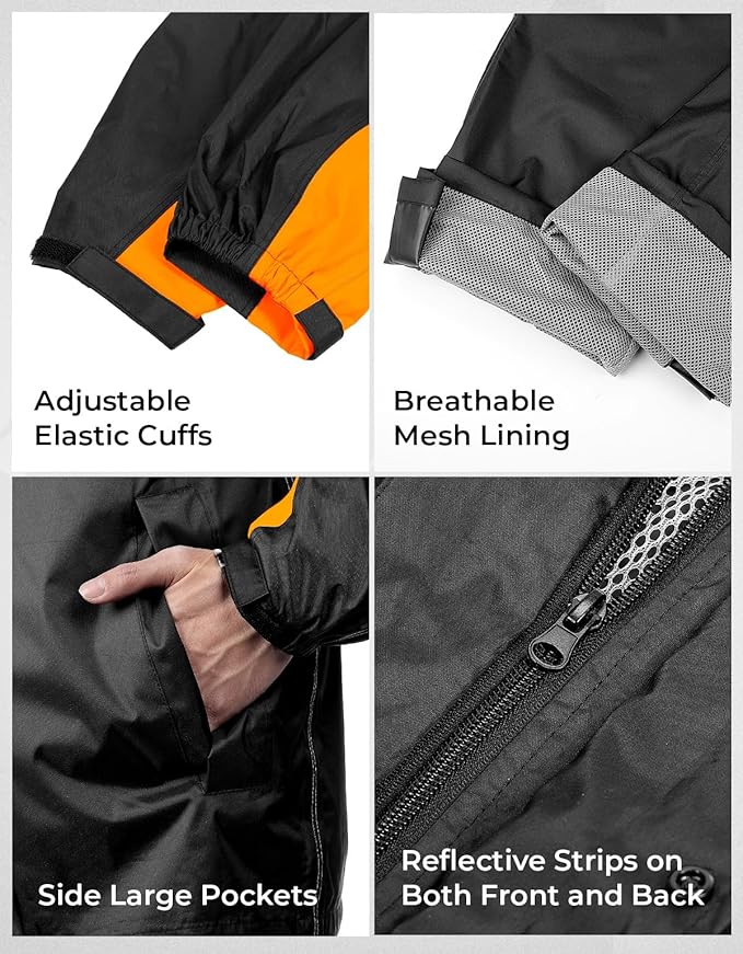 KEMIMOTO Rain Suit for Men, Motorcycle Rain Gear Waterproof Protective Rain Coat with Pants 2 Pieces Rainsuit Breathable Outdoor Fashion Orange L