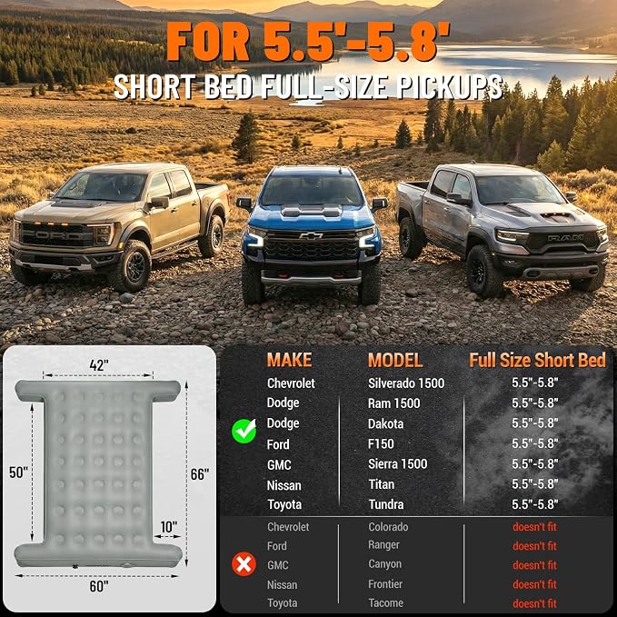 Comfortable Fabric Texture Truck Bed Mattress 5.5-5.8ft for Full-Size Pickup, Truck Bed Air Mattress Customized for Tundra/ F150/ Silverado/ Ram1500, with Bult-in-Air Pump,Camping & Road Trip