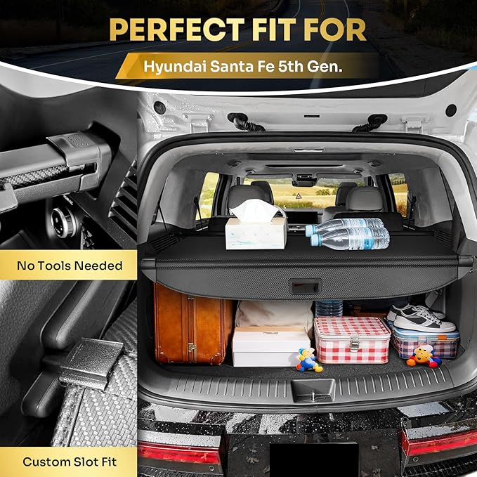 T TGBROS Cargo Cover for Hyundai Santa Fe 2024-2025 2026, Carbon Fiber Retractable Trunk Cover with Car Mesh Organizer Net Bag, Car Privacy Shield for Santa Fe Accessories