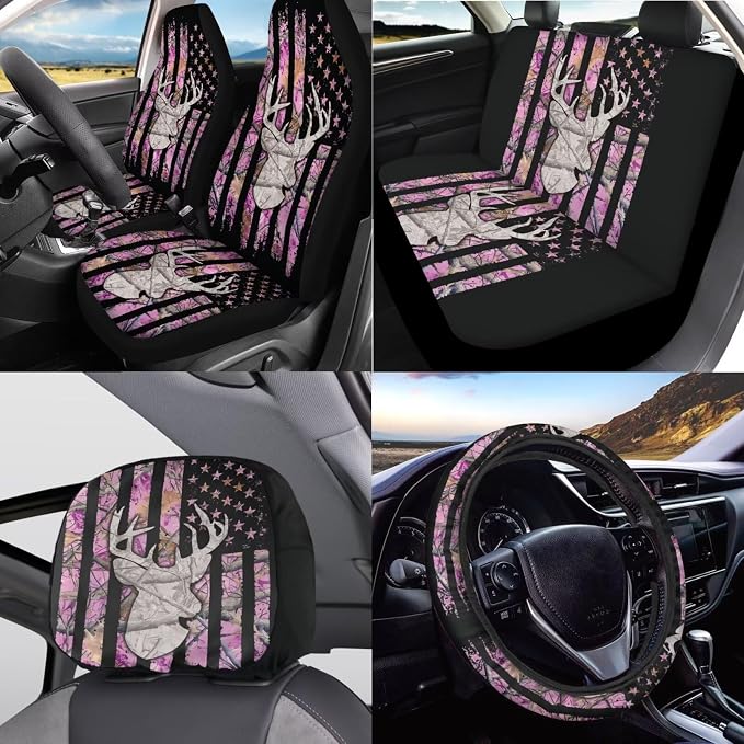 KEIAHUAN Car Front Rear Seat Covers Full Set for Women 11 Pcs Pink Branch Camo Hunting with Stretch Steering Wheel Cover+Headrest Cover+Gear Shift Cover&Handbrake Cover+Cup Coasters Fit Most Vehicle