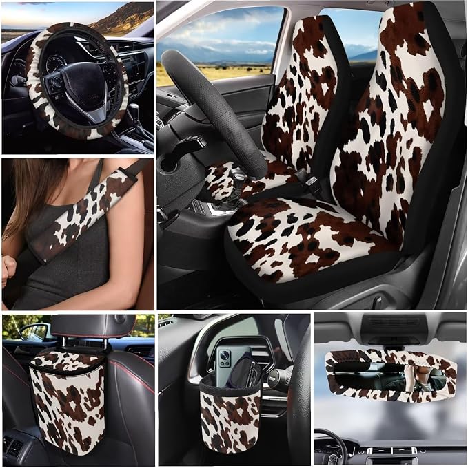 Dreaweet Brown Cow Print Car Seat Covers Full Set for Women Cute Car Accessories Seat Cover with Wheel Cover Seatbelt Covers Car Coasters Trash Bag Vent Storage Bag Rearview Mirror Cover Keychain