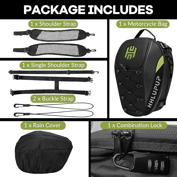 Motorcycle Tail Bag with Password Lock 25L- 38L Convertible Helmet Backpack, Waterproof Luggage Bags for Dirt Bike and Road Trip Riders Green