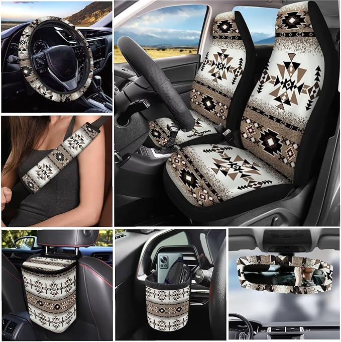 XYZCANDO Tribal Prints Automobile Accessories Sets 15 PCS Car Seat Cover Set Steering Wheel Cover Cover Garbage Bag Storage Box Seat Belt Pads Rear View Mirror Cover Coasters Keychain Fit Most Cars