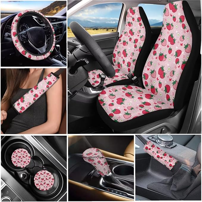 Tupalatus 9 Pcs Strawberry Floral Car Seat Covers 2 Front Seats with Steering Wheel Cover Auto Seat Belt Cover Coasters Gear Shift Cover Hand Brake Cover Washable Easy to Install Car Accessories