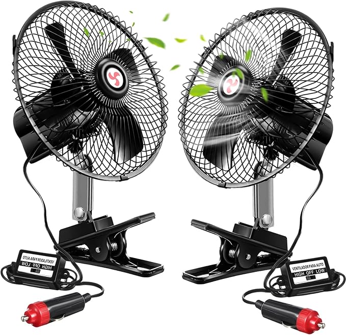 Tujoe 2 Pcs Portable Car Fan with Car Cigarette Lighter Electric Cooling 12 Volt Oscillating Fan 12 Volt Fan Automobile Vehicle 360 Degree Swivel Fan with Clip for Car Truck Supplies, Black (10 Inch)