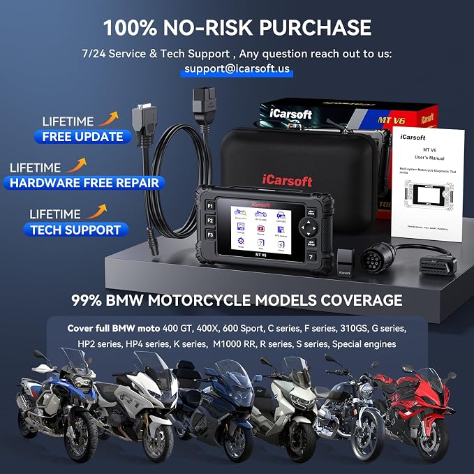 iCarsoft MT V6 Motorcycle Diagnostic Tool for BMW Full System 115 Reset /197 Actuation Test, Motorbike+Car OBD2 Scanner Code Reader with ABS Bleeding, Throttle Valve Reset, Battery Test, AutoVIN