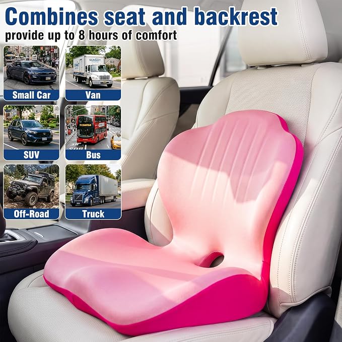 Car Seat Cushion with Lumbar Support Pillow, Memory Foam Office Chair Cushion for Back Pain Sciatica Pain Relief, Ergonomic L-Shaped Seat Cushion for Car Truck Driving Office Chair Home (Pink)