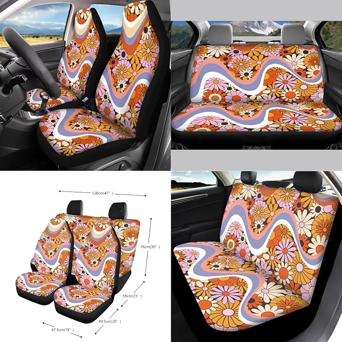 80s 90s Groovy Hippie Daisy Print Car 15pcs Accessories, Front and Back Seat Covers for Cars Steering Wheel Cushion Seat Belt Pad Trash Can Coasters Universal Fit