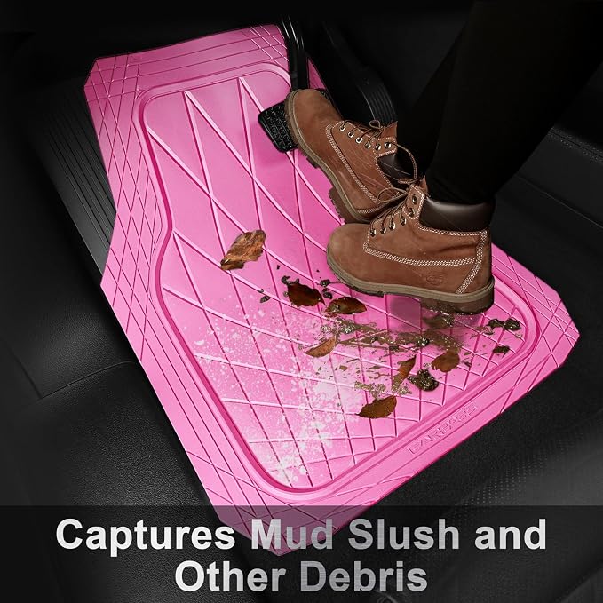 CAR PASS Piping Luxury Leather Two Front Car Seat Covers and 3 Piece Heavy Duty Deep Dish All Weather Rubber Car Floor Mats, Universal Fit for 95% Sedan SUV Van Truck, All Pink