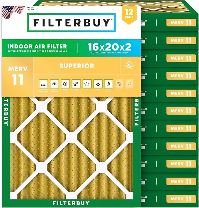 Filterbuy 16x20x2 Air Filter MERV 11 Superior Pet & Allergy Defense (12-Pack), Electrostatic Pleated HVAC AC Furnace Filters Replacement (Actual Size: 15.50 x 19.50 x 1.75)