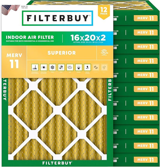 Filterbuy 16x20x2 Air Filter MERV 11 Superior Pet & Allergy Defense (12-Pack), Electrostatic Pleated HVAC AC Furnace Filters Replacement (Actual Size: 15.50 x 19.50 x 1.75)
