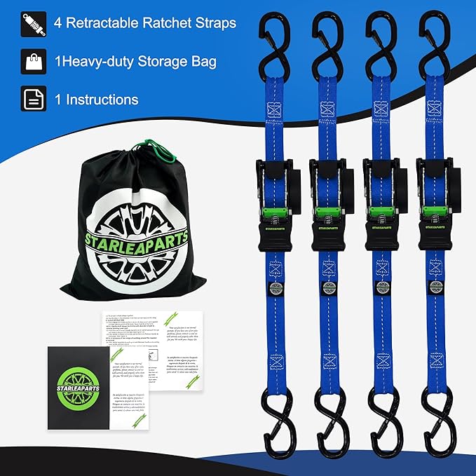 Retractable Ratchet Straps(4PK 1.0INX12FT) - 1,500lb Break Strength, Ratchet Strap Heavy Duty with Rubber Coated Handle, Perfect Auto Ratchet Straps for Motorcycle,Trucks (Blue)
