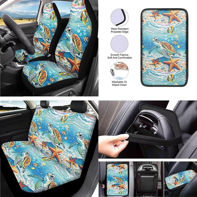 13 Pcs Car Seat Covers, Under Water Sea Turtle Front and Rear Split Bench Seat Covers for Cars, Tortoise Starfish Tropical Fish Cup Mat Armrest Pad Seat Belt Cover