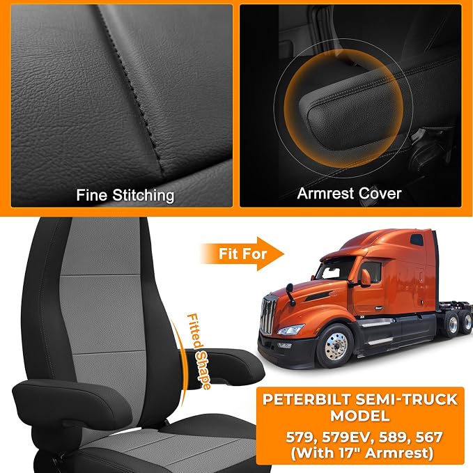 Leather Seat Cover Compatible with Peterbilt Model 579, 579EV, 589, 567, Bottom Back & Armrest Cover, Long Armrests 17in, Driver or Passenger 33in High Back Seat Cover