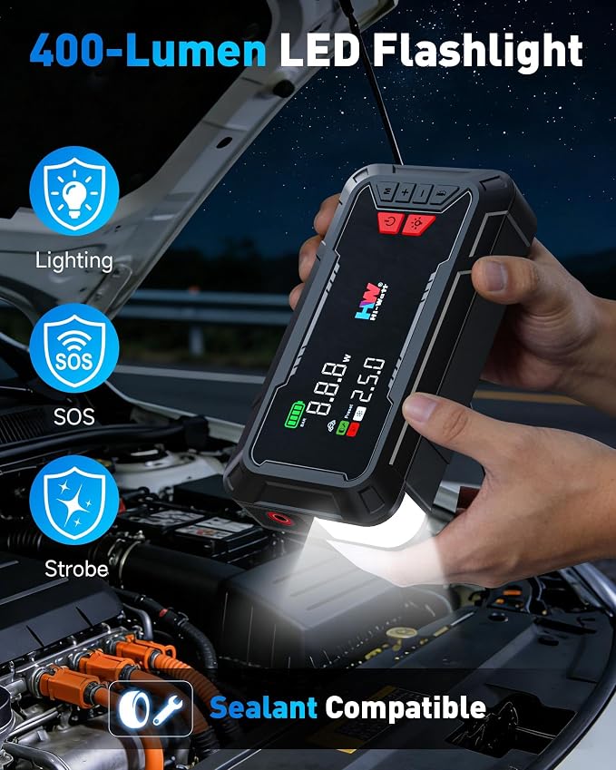 HW Car Battery Jump Starter with Air Compressor, 12V 2000A | 44.4Wh, 160PSI, 65W Fast Charging, Air Chucks and USB Cables