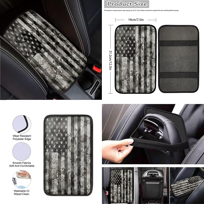 8 Pcs Retro American Flag Car Accessories Set, Car Seat Covers Full Set with Auto Steering Wheel Cover Center Console Pad Seat Belt Covers, Patriotic Decorations