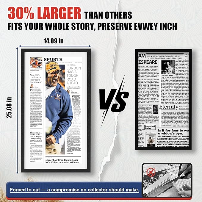 JupDec 11 × 22 Up to 13 × 24 Newspaper Frame, Premium Wood Display Case with Acrylic Panel, Wall Mount or Tabletop Stand, Perfect for Home & Office Decor, Ideal Gift for Collector, 1 Pack, White