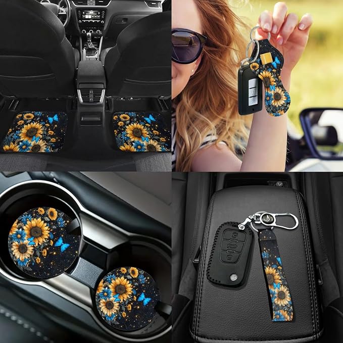 Butterfly Car Seat Covers Full Sets of 17Pack,Sunflower Car Accessories Sets with Seat Belt Shoulder Pad,Steering Wheel Car Covers,Cup Coasters,Butterfly Car Floor Mats Set of 4,Universal Fit