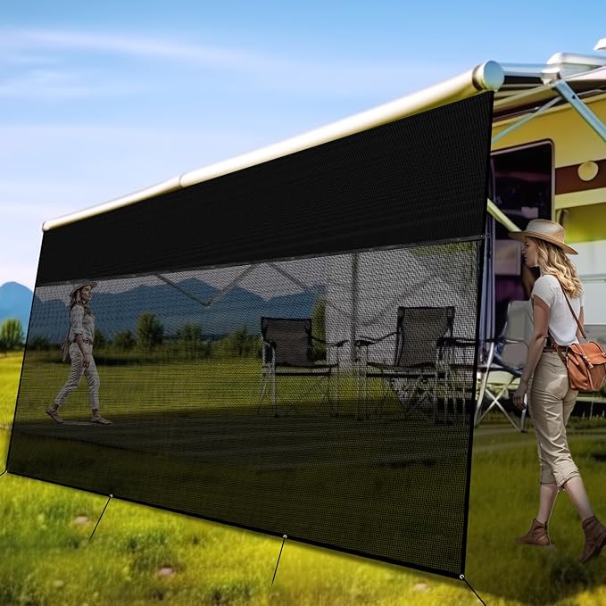 RV Awning Shade Screen with Zipper 9' x 13'3'', 600D Oxford Top + Mesh Bottom, RV Sun Shade Screen for Awning, RV Shade Complete Kits for Trailer Camper