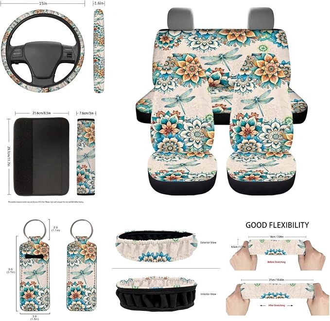 Boho Car Accessory Bohemian Flower Dragonfly Seat Covers for Women,Comfy Durable Auto Interior Set Protection with Steering Wheel +Seatbelt Pads+Mirror Cover+Coaster+Car Handbreak Cover